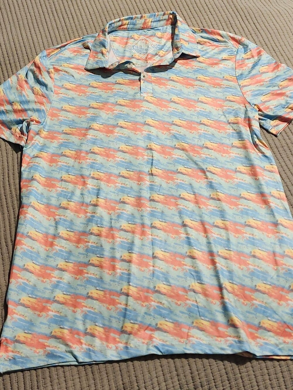 BURLEBO Men's Polo in Light Blue and Coral Wave Print